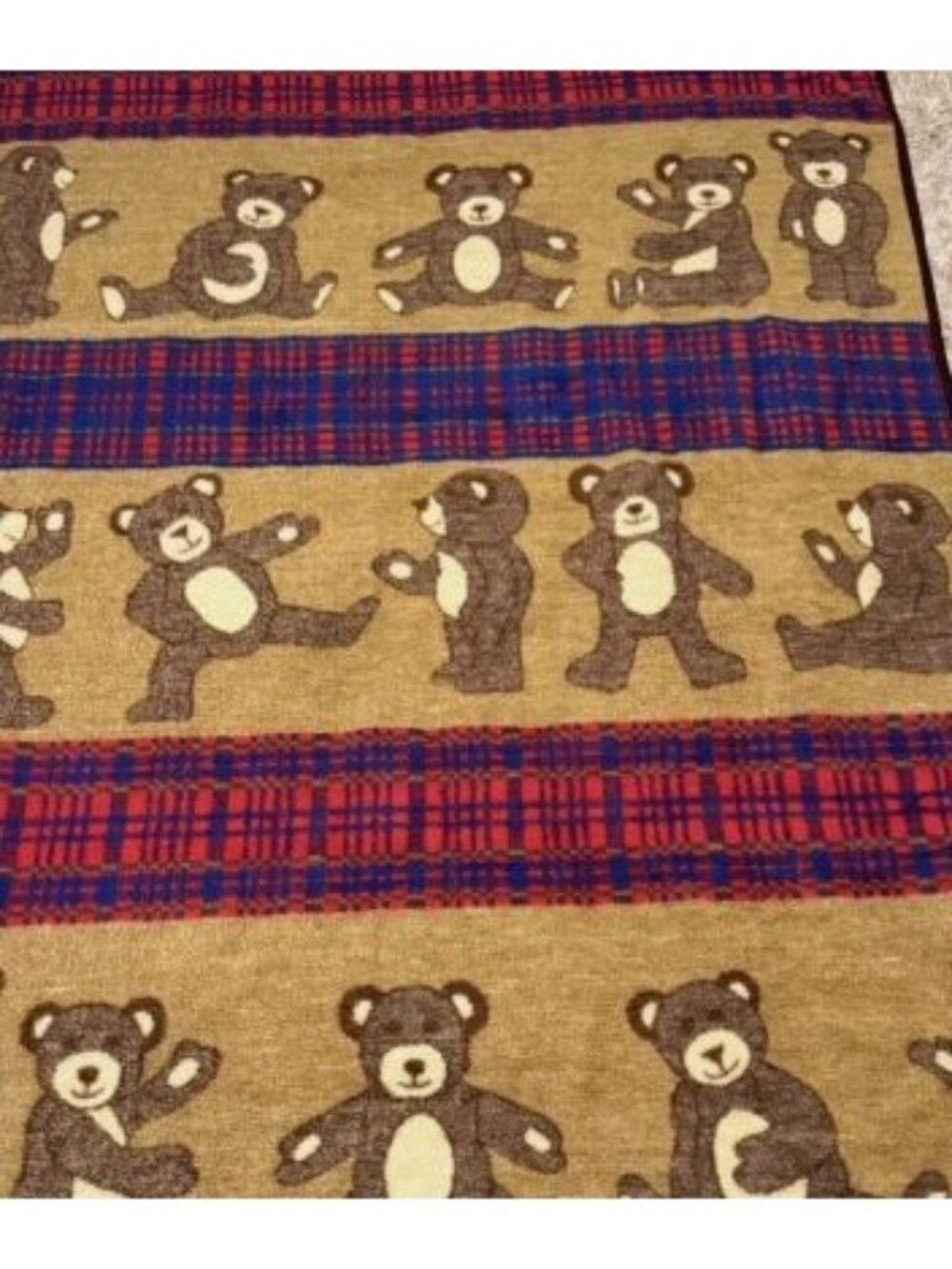 Vintage San Marcos Plaid Teddy Bear Stadium Throw Blanket Brown Red Blue